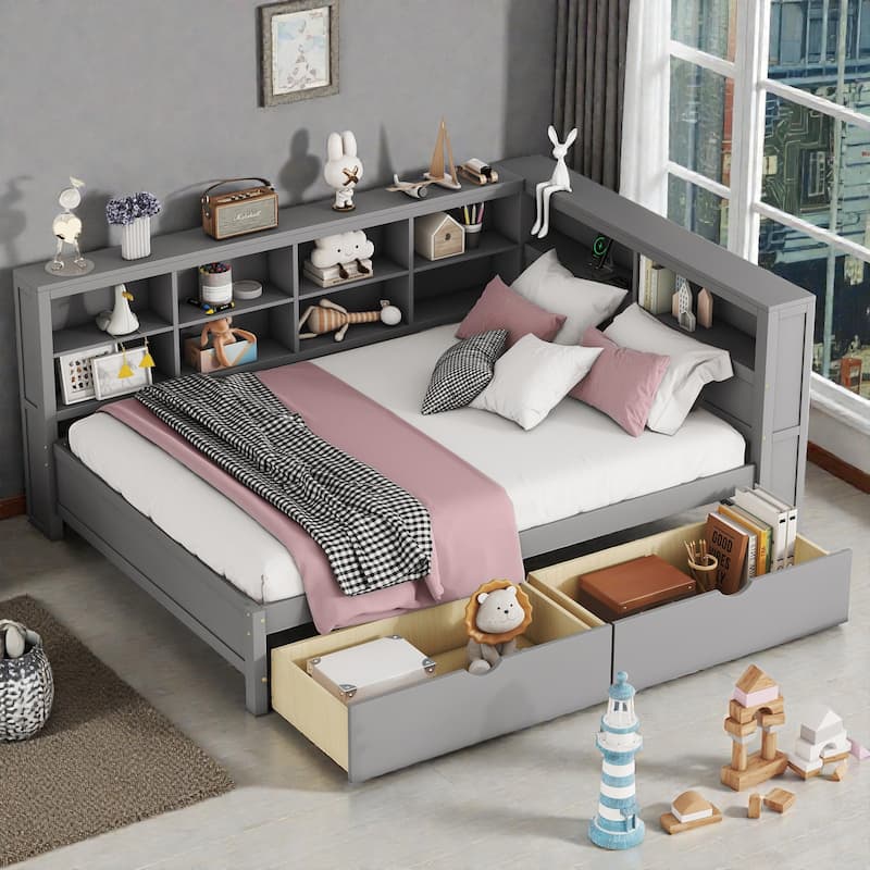 Full Size Wooden Daybed with 2 Storage Drawers, USB Charging Ports, Double-Layer Shelf, Sturdy Slatted Support