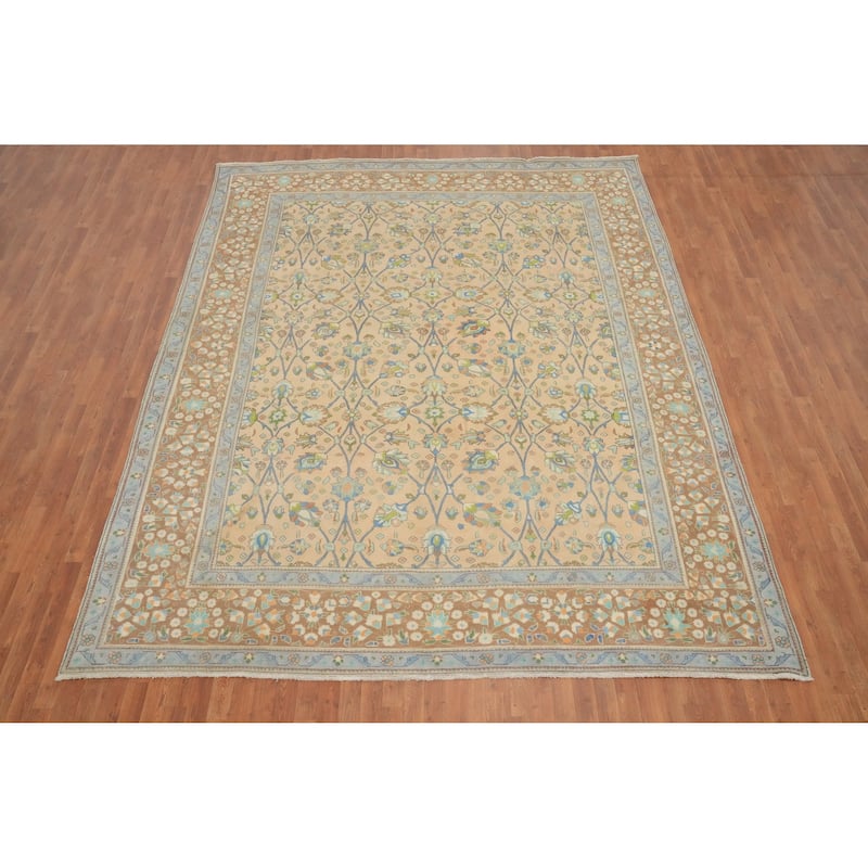 Hand Knotted Oriental 100% Wool Carpet Traditional All-Over Peach Tabriz Area Rug - 12' 8'' X 9' 11''