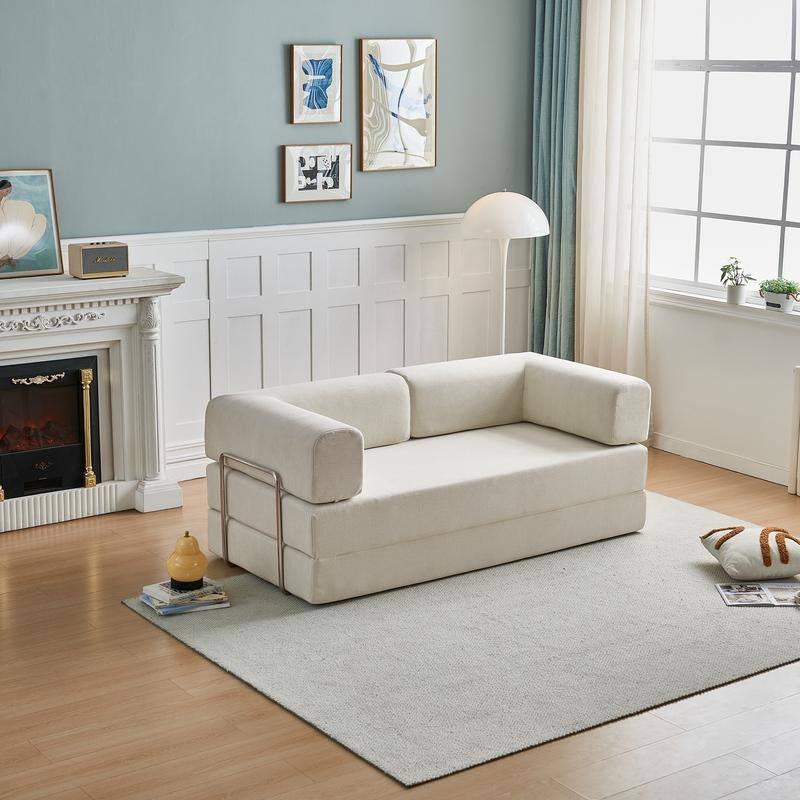 3-Seater Corduroy Sofa Bed, Multi-Functional Compact, Easy Assembly - White