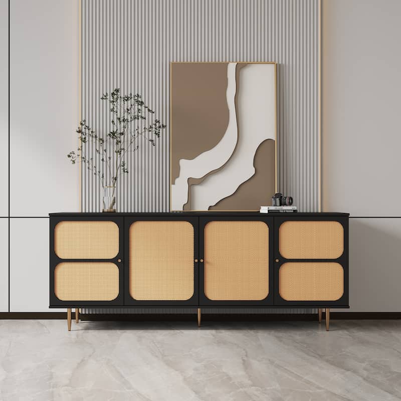 GDF Studio - Shinny Modern Rattan Sideboard Buffet Cabinet with Adjustable Shelves and Storage Doors - 70.87 - Black