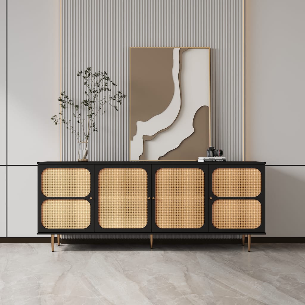 Rattan Sideboard Buffet Cabinet, Kitchen Storage Cabinet Console Table with Adjustable Shelves