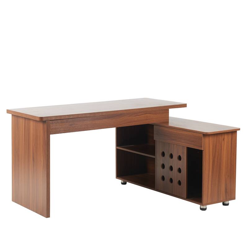 55.1"L Home Office L-Shaped Versatile Desk Height Adjustable Extendable Desk with Storage Drawers and Cabinet, Walnut