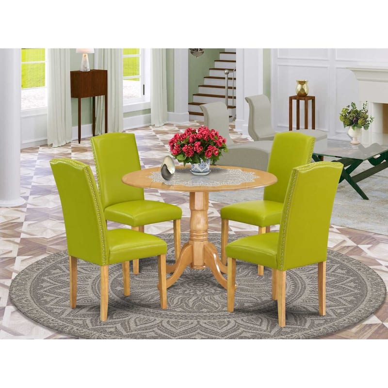 Round Kitchen Table Set 5pc 42" Table w/ Drop Leaves & 4 Parsons Chairs - Autumn Green