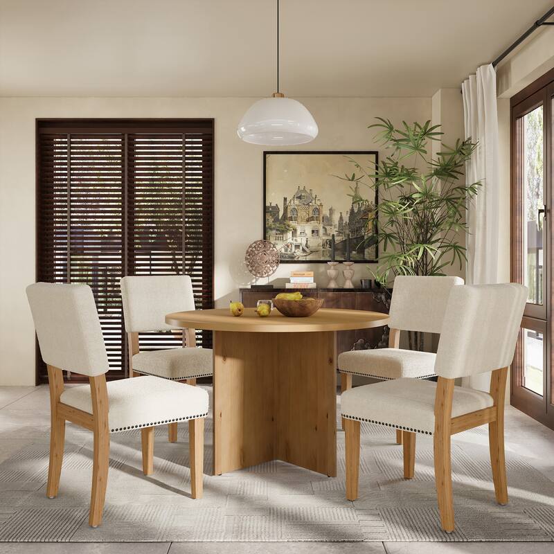 Modern 5-Piece Round Dining Table Set with Upholstered Chairs and Pedestal Base for Small Spaces and Cozy Kitchens - Natural