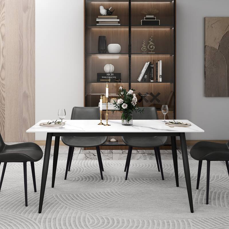 63" Rectangle Modern Sintered Stone Dining Table, Industrial Kitchen Table with Sturdy Black Metal Legs