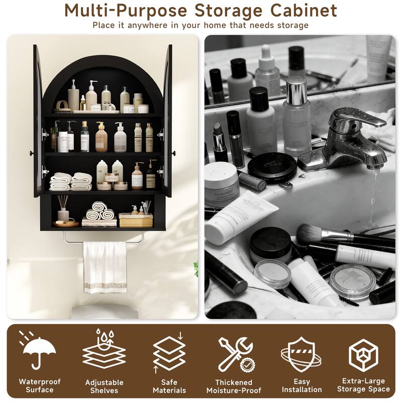 Wall Mounted Arched Cabinet with Mirrored Doors and Adjustable Shelves for Laundry Room, Bathroom, Kitchen