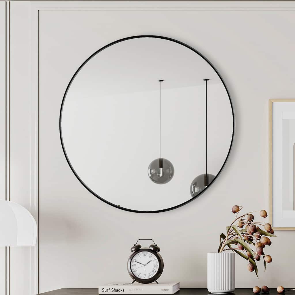 28" Wall Mounted Black Circular Mirror Metal Framed Mirror