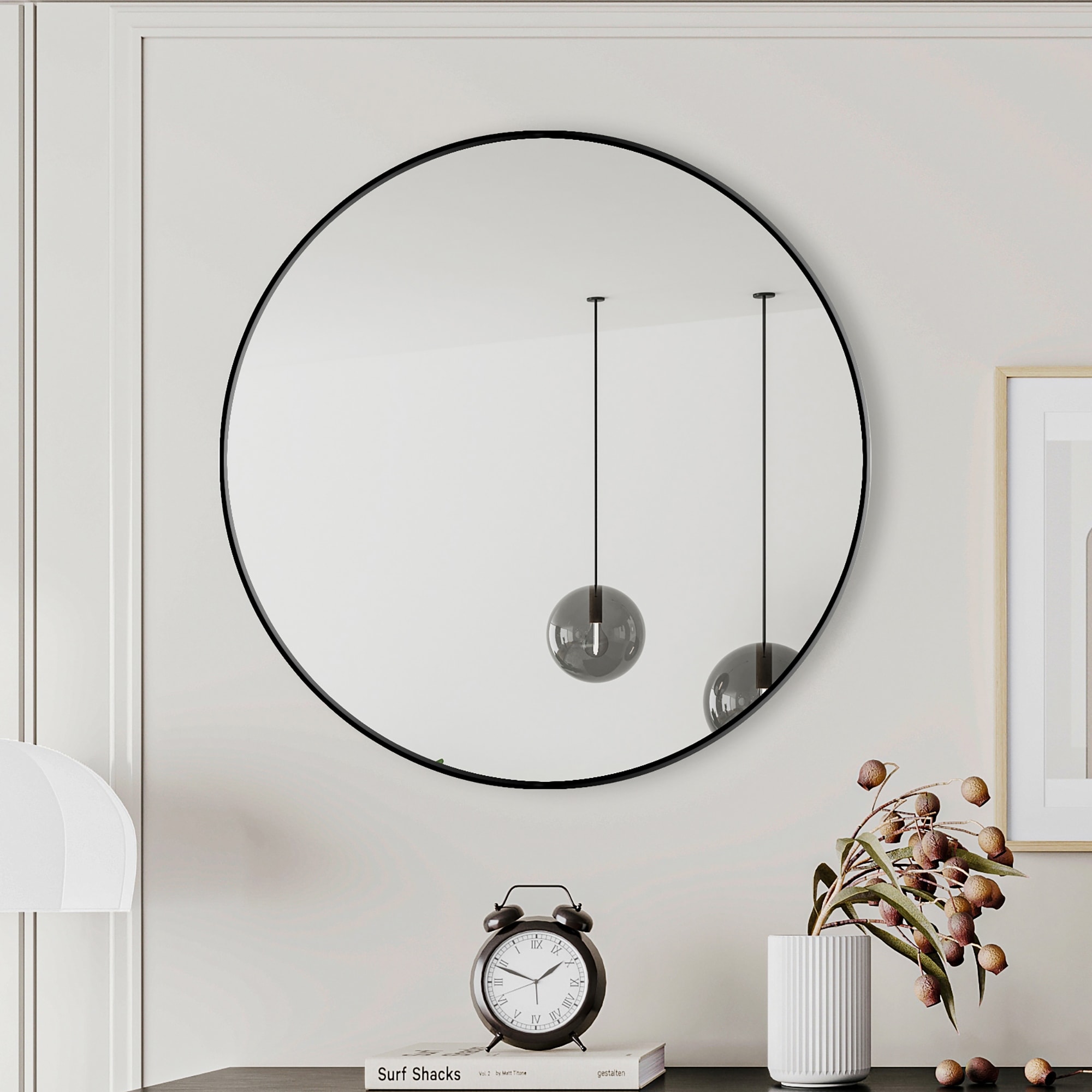 28" Wall Mounted Black Circular Mirror Metal Framed Mirror