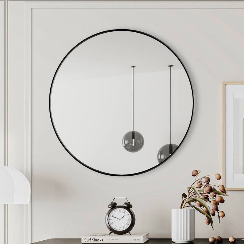 28" Wall Mounted Black Circular Mirror Metal Framed Mirror - Black