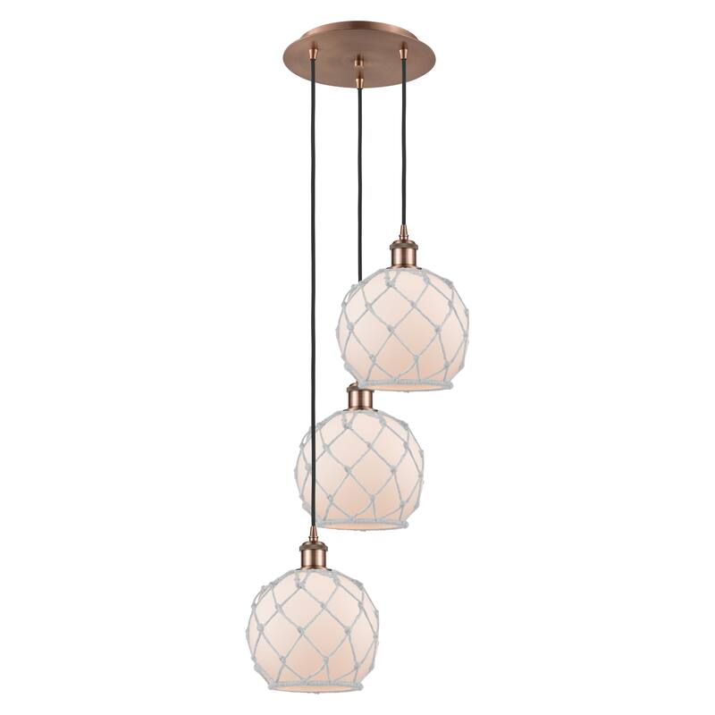 Innovations Lighting Endless Possibilities Ballston - Farmhouse Rope - 3 Light 15" Cord Hung Multi Pendant - White Glass with White Rope/Antique Copper