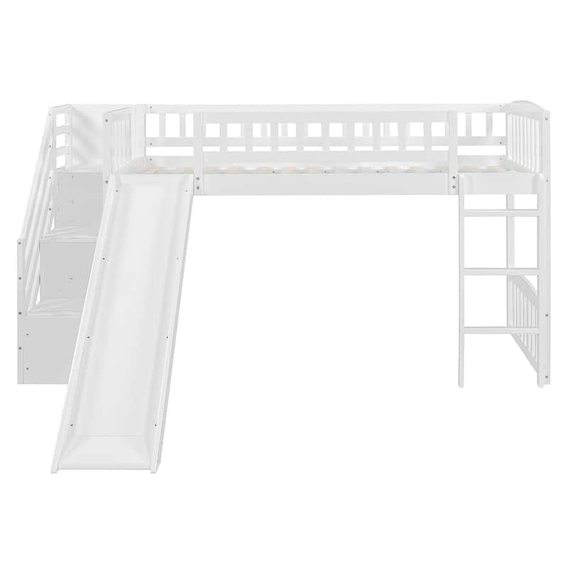 Stairway Twin Size Loft Bed with Two Drawers and Slide, Solid Wood Frame, Convertible Ladder, and Storage Space