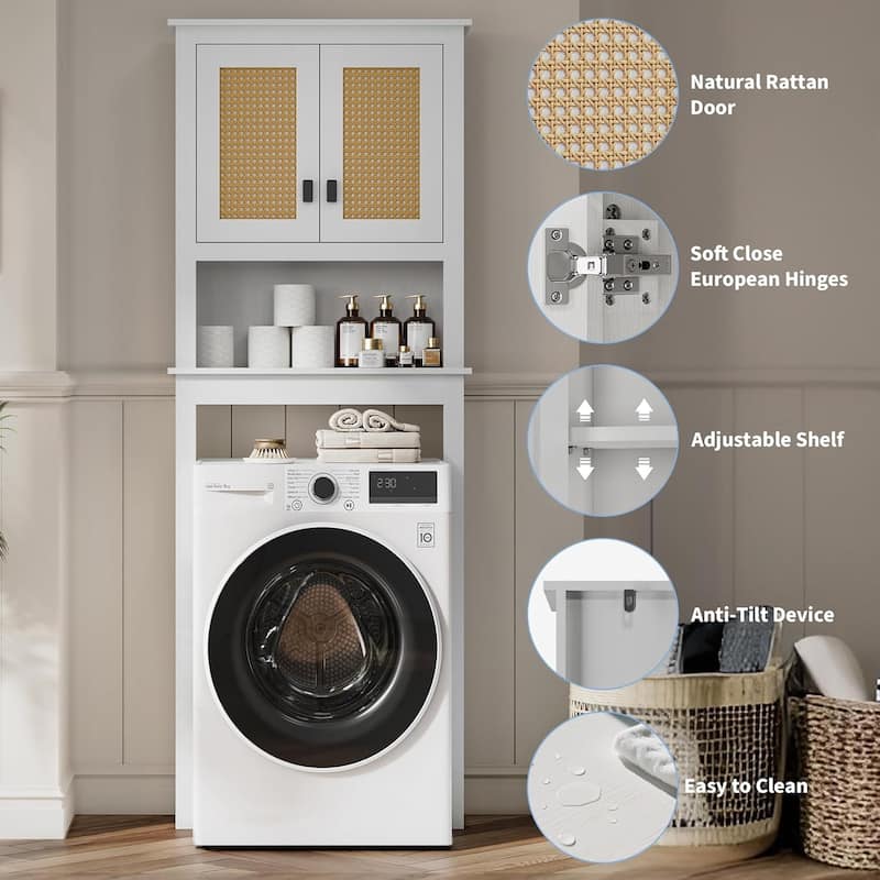 Over The Toilet Storage Cabinet with Rattan Door and Adjustable Shelf