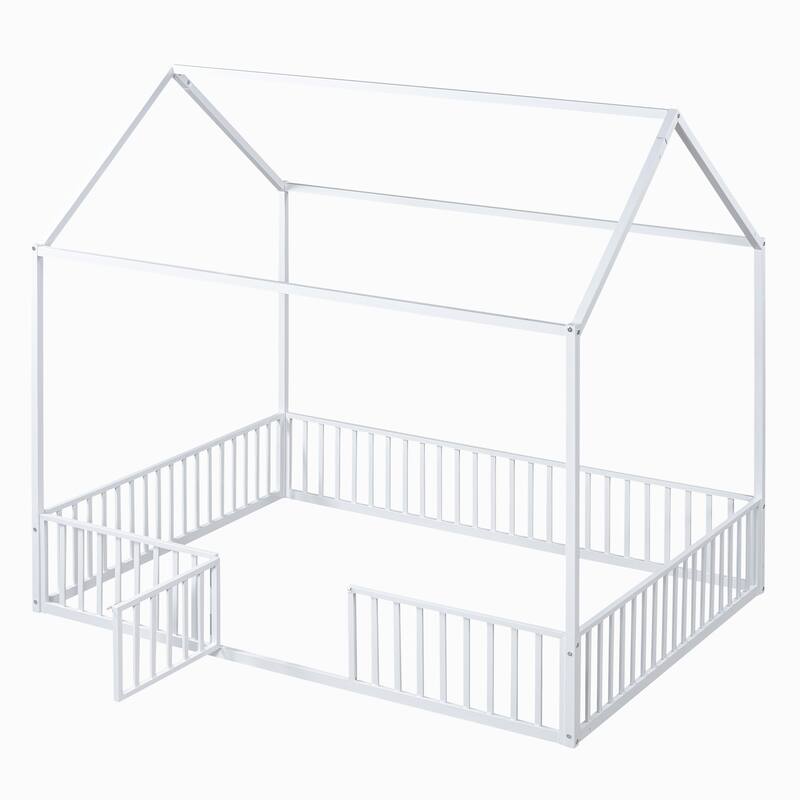 Full Size Metal House Bed with Fence, Roof, and Door for Kids