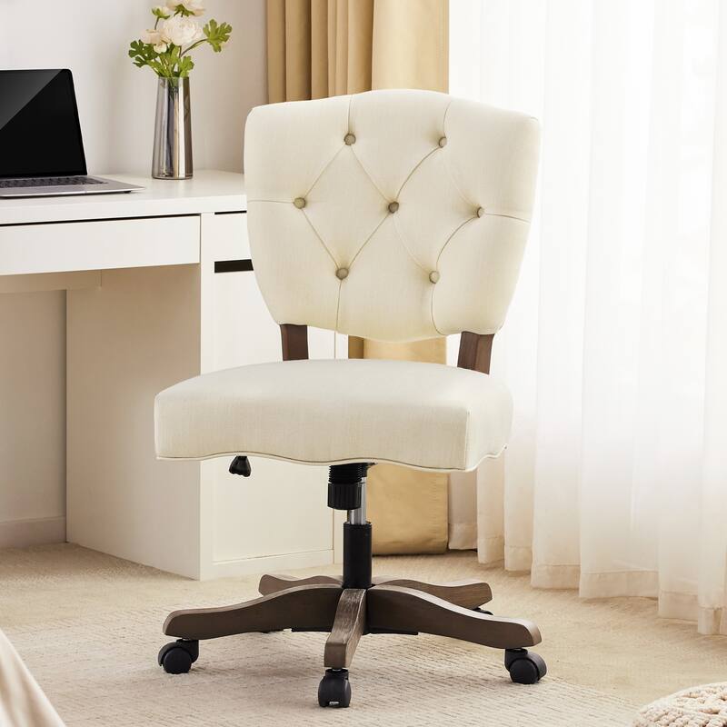 Home Computer Office Chair with Wheels Beige/ Cream/ Grey Adjustable Height, Linen Fabric Upholstered Chair Swivel