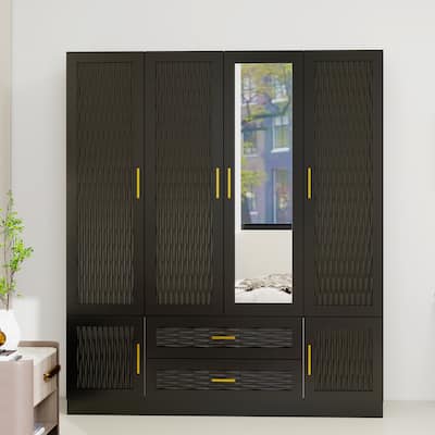 4 Door Armoire Wardrobe Closet with Drawer and Hanging Rod, Wooden Black Bedroom Armoire - 70.87" H x 61.42" W x 20.47" D