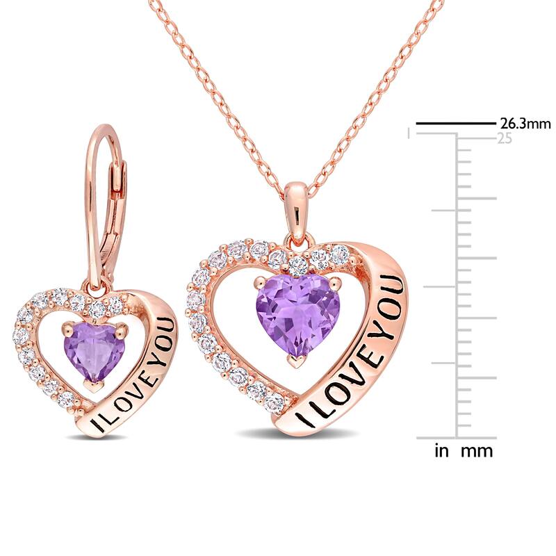 Miadora Amethyst & White Topaz "I Love You" Heart Earrings & Necklace in Rose Plated Sterling Silver