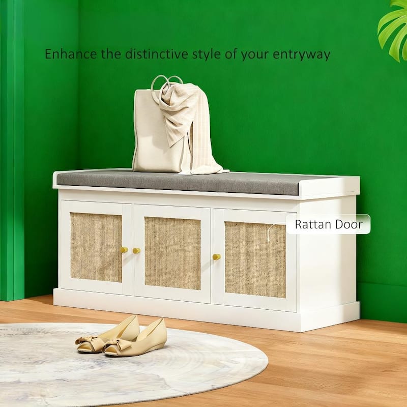 Shoe Storage Bench with Woven Rattan Doors, Shoe Bench with Cushion