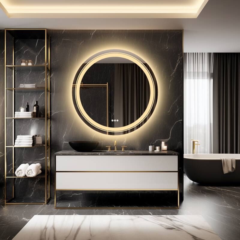 Large LED Bathroom Mirror Round Dual Light Frameless Vanity Anti-Fog