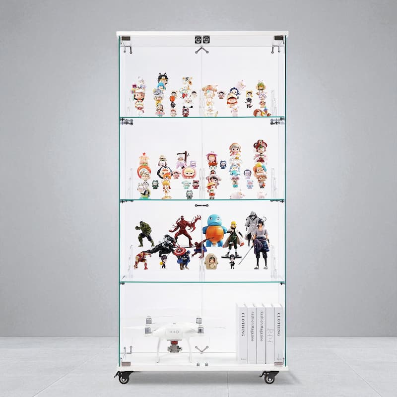Glass Display Cabinet with Doors & Locks, Acrylic Shelves, Floor Standing Storage Showcase for Home or Office - 4-Tier - White