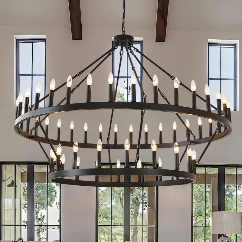60-Inch Black Extra Large Wagon Wheel Chandelier, 2 Tier 54-Light Farmhouse Round High Ceiling Pendant Light - 60 - 60 - Black