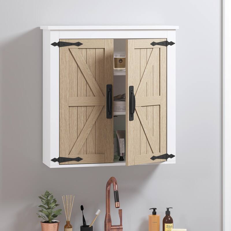 COSTARS Farmhouse Bathroom Wall Cabinet Over Toilet, Wood Grain Medicine Cabinet Organizer with Barn Doors & Adjustable Shelves - Painted - White