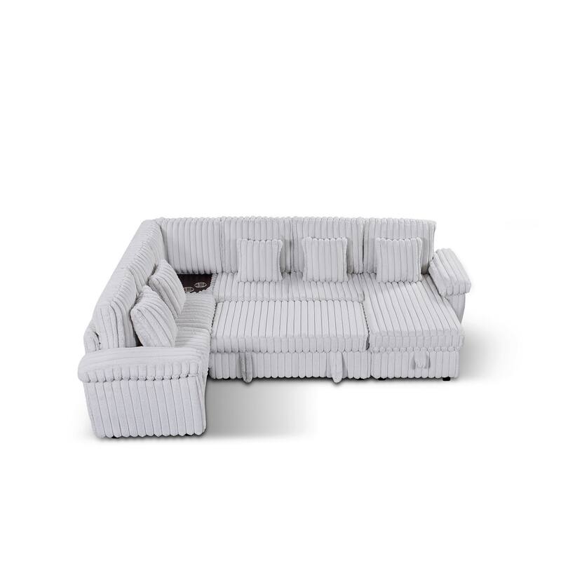 110" U-shaped Corduroy Sectional Sofa, Corner Coffee Table with USB port, Pull-out Bed