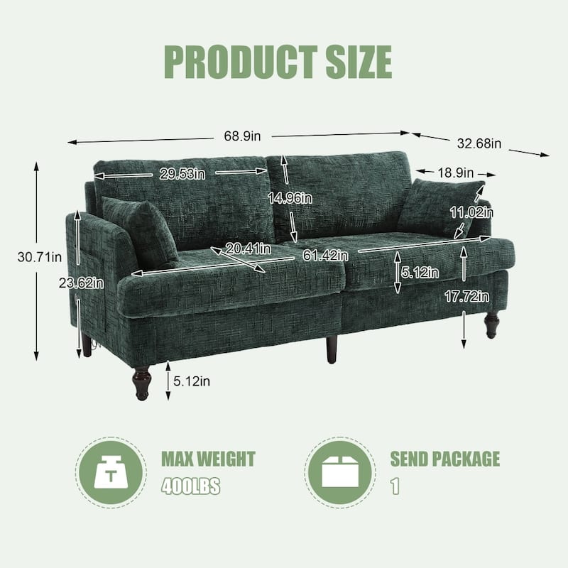 Modern Chenille 2-Seater Wood-Legged Sofa with LED light, USB Charging Port and Storage Bag