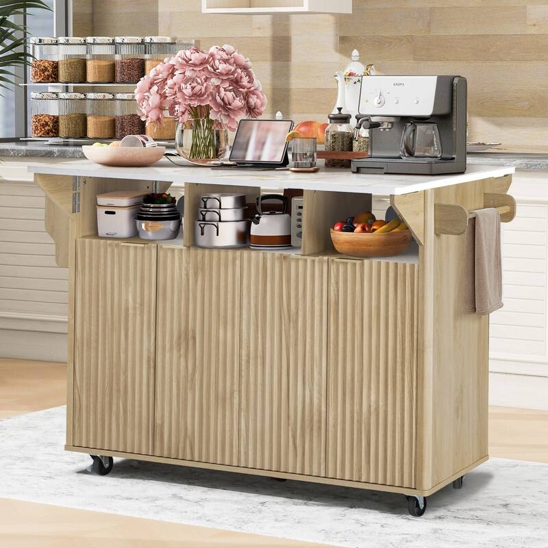 Modern 55.5" Fluted Kitchen Island with Drop Leaf, Kitchen Storage Cart on 5 Wheels with Power Outlet, Spice rack,Curved Edge - Natural