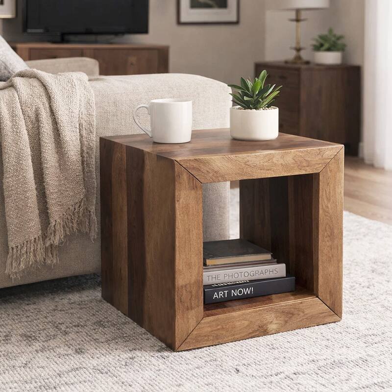 Cube Shape Rosewood Side Table With Cutout Bottom, Brown - 8' x 10'