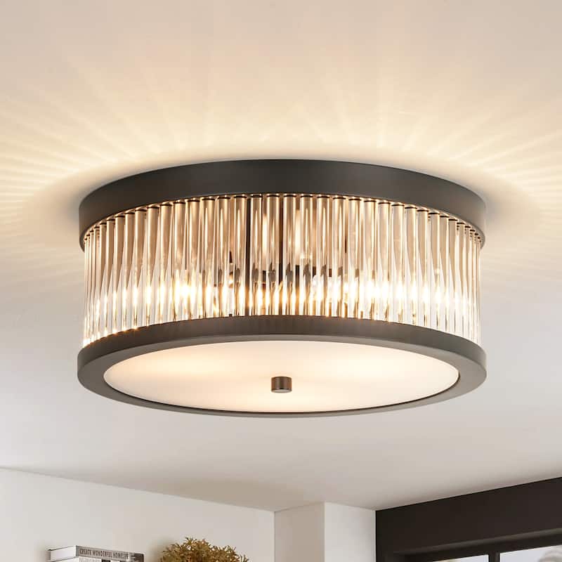 12.20 in. 3-Light Modern Industrial Round Drum Flush Mount Ceiling Light with Clear Glass Rods