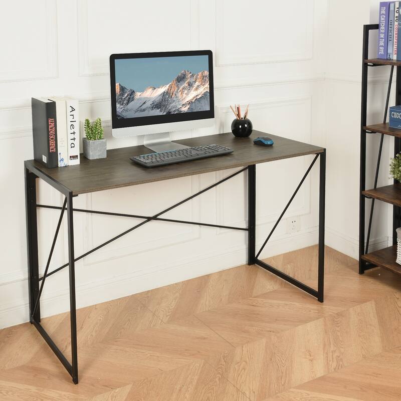 Homy Casa Modern Folding Desk with Black Metal Frame and Wood Top