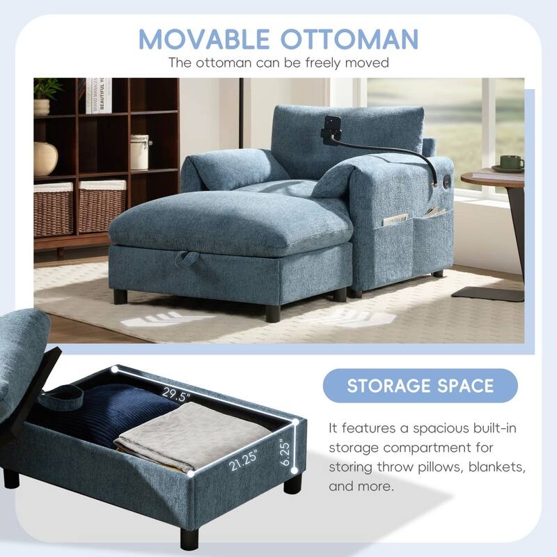 38" Chenille Single Sofa with Storage Ottoman, USB Charger, Side Storage Pockets, Pillow-like Armrests