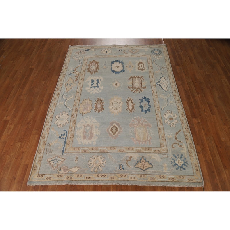 Geometric Blue Vegetable Dye Oushak Turkish Hand-Knotted Wool Carpet - 5'5"x 7'7"