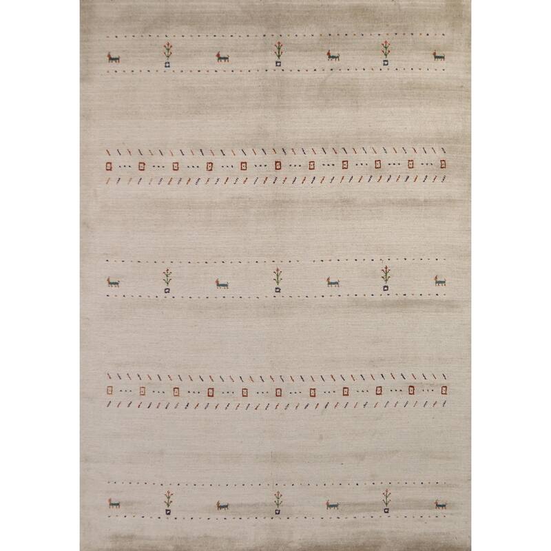 Modern Gabbeh Oriental Area Rug Handmade Beige Wool Carpet - 5'9" x 7'9"