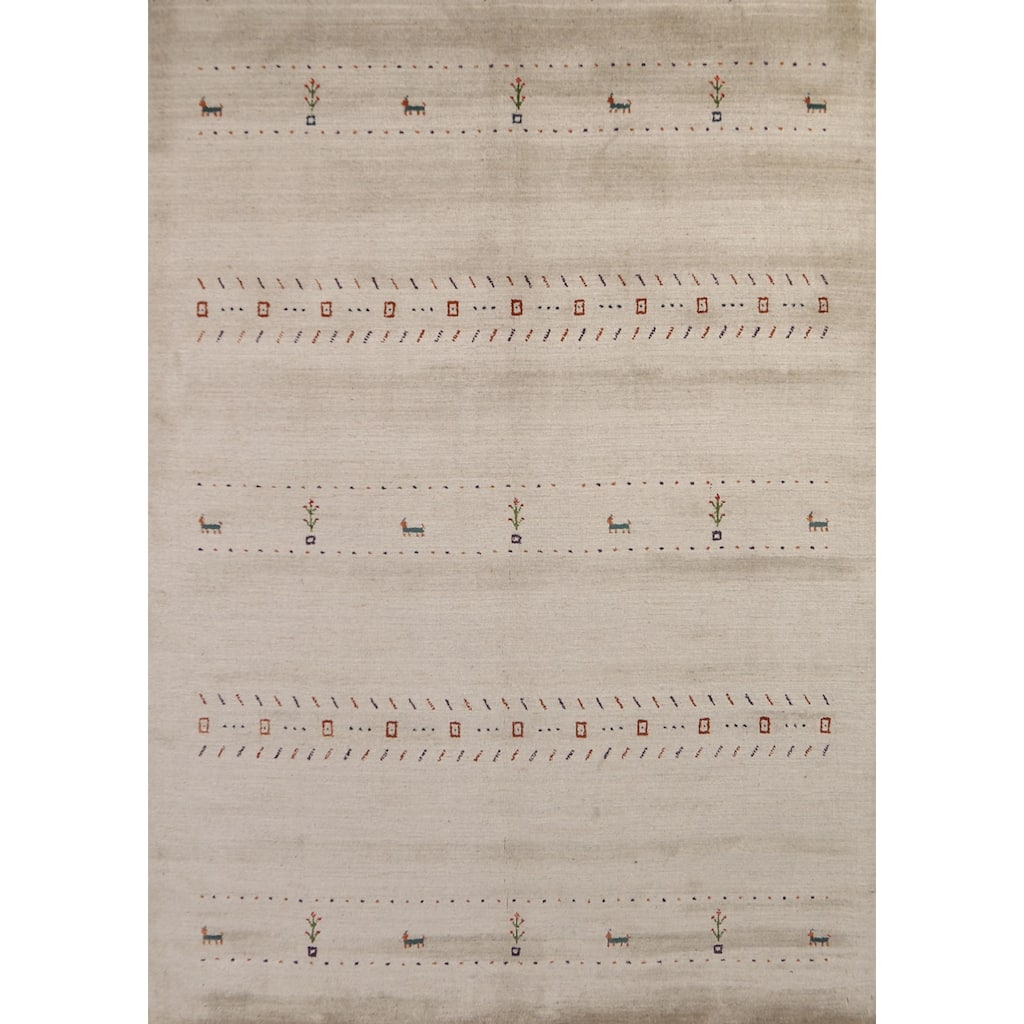 Modern Gabbeh Oriental Area Rug Handmade Beige Wool Carpet - 5'9" x 7'9"