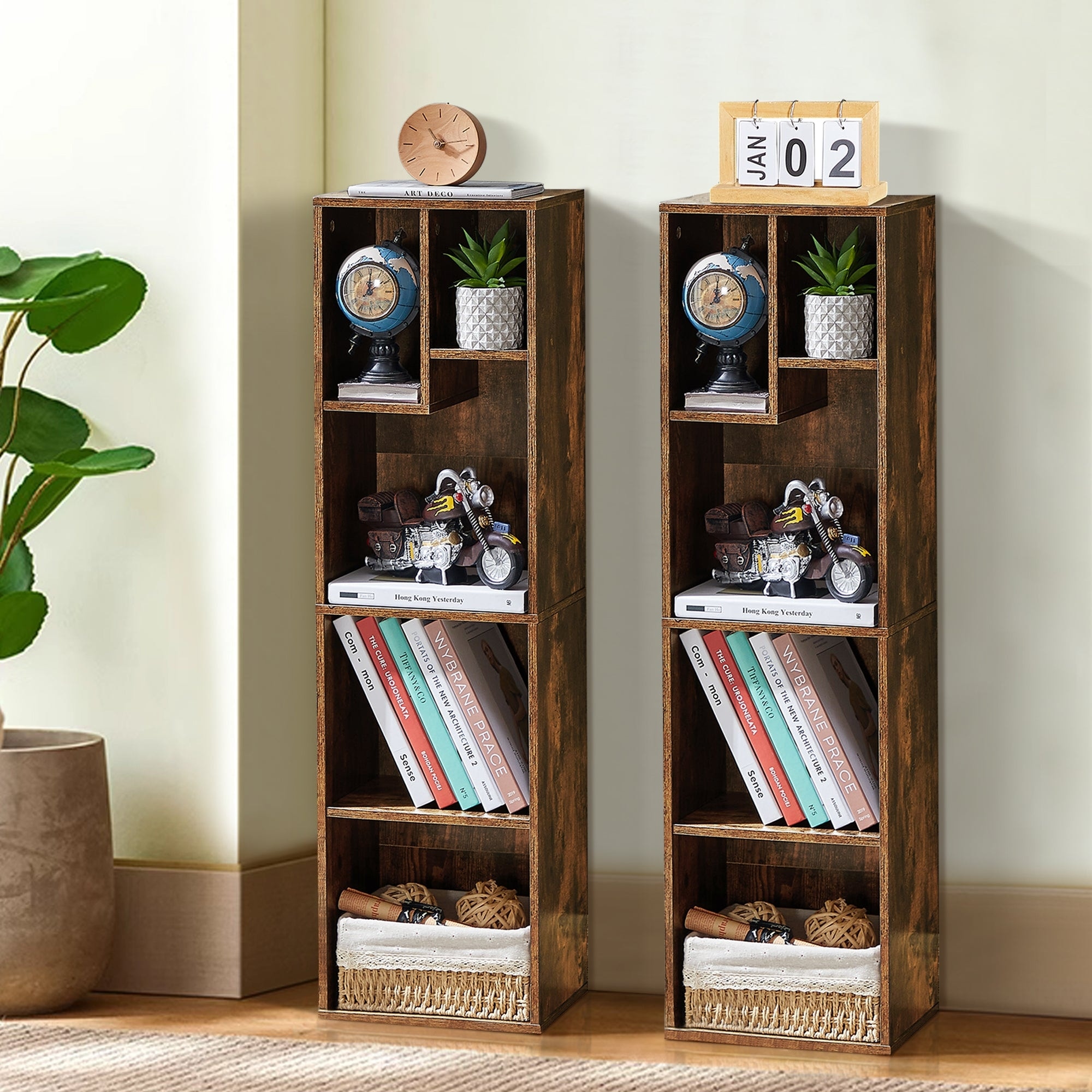 Homfa bookshelf rack 5 tier vintage bookcase shelf storage organizer modern wood look accent metal frame furniture home office shop