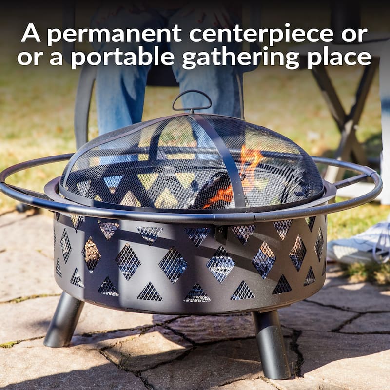 Sunnydaze Crossweave Wood-Burning Fire Pit with Spark Screen and Poker