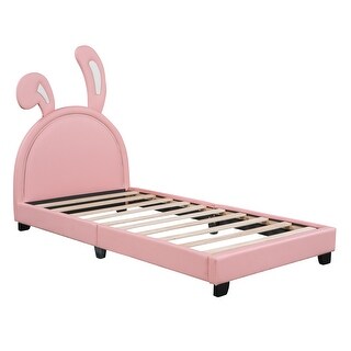 Pink Twin Upholstered Leather Platform Bed with Rabbit Ear Ornament