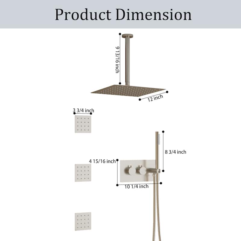 3-Function Ceiling-Mounted Shower System With 12" Ultra-Thin Square Shower Head,Body Jets And Hand Shower(Valve Included)