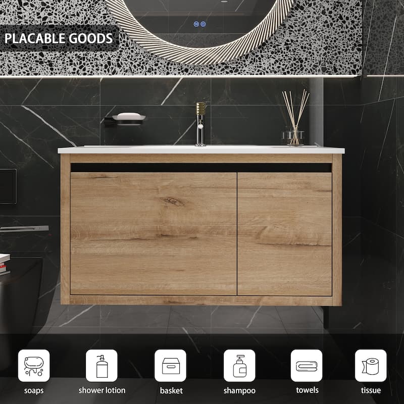 36 Inch Wall Mounted Plywood Bathroom Vanity Set with Integrated Gel Basin and Door