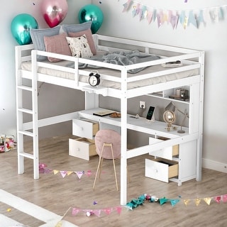 Full Size Loft Bed With Desk,Cabinets,Bedside Tray,Charging Station