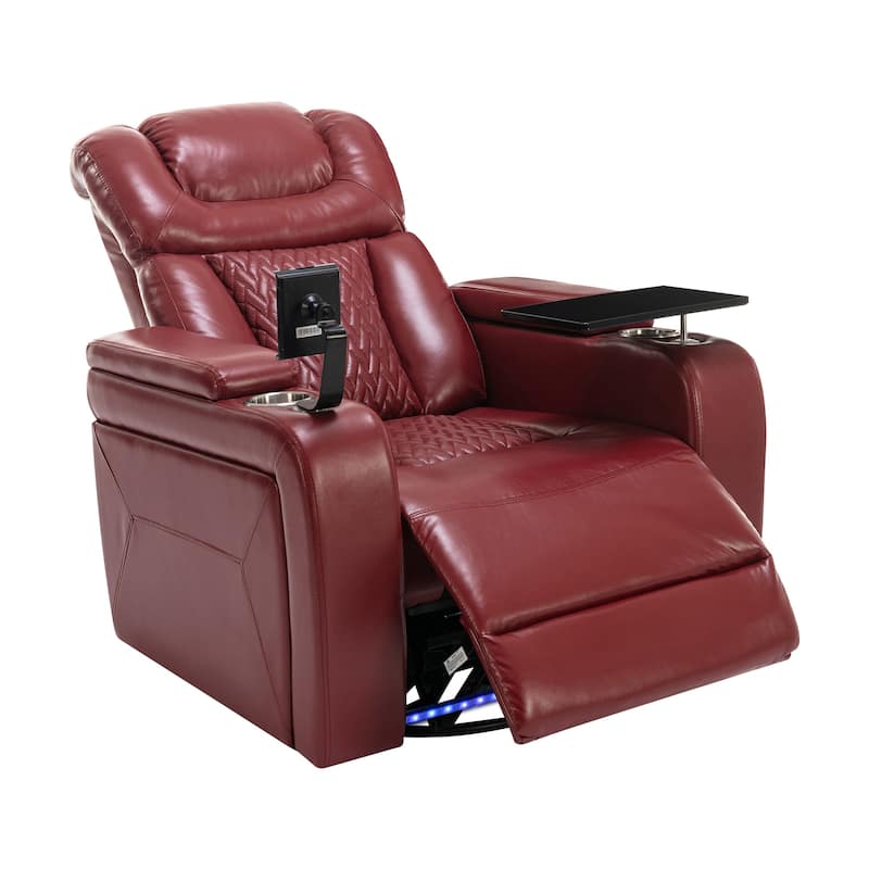 Swivel PU Recliner Chair with Side Control, Office Chair with Built-In USB Port, Lounge Chair with Removable Tray Table