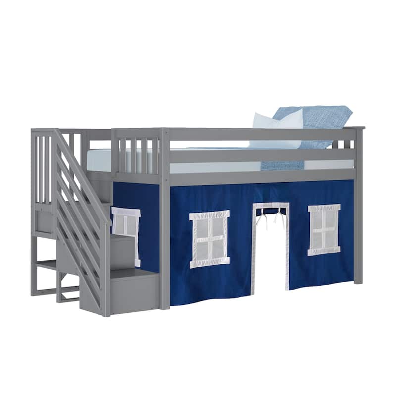 Max and Lily Twin Low Loft with Stairs and Curtains