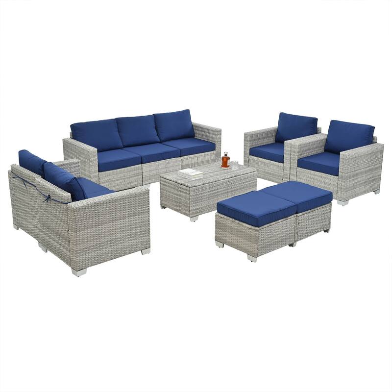 10 Piece PE Rattan Patio Furniture Set Outdoor Patio Furniture Set With Cushions & Tempered Glass Coffee Table
