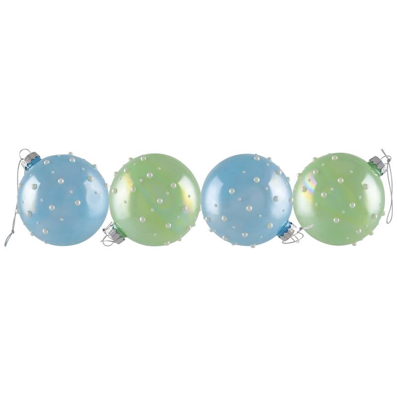 Shiny Glass Ball Christmas Ornaments with Pearl Drops - 3" (80mm) - Blue and Green - 4ct