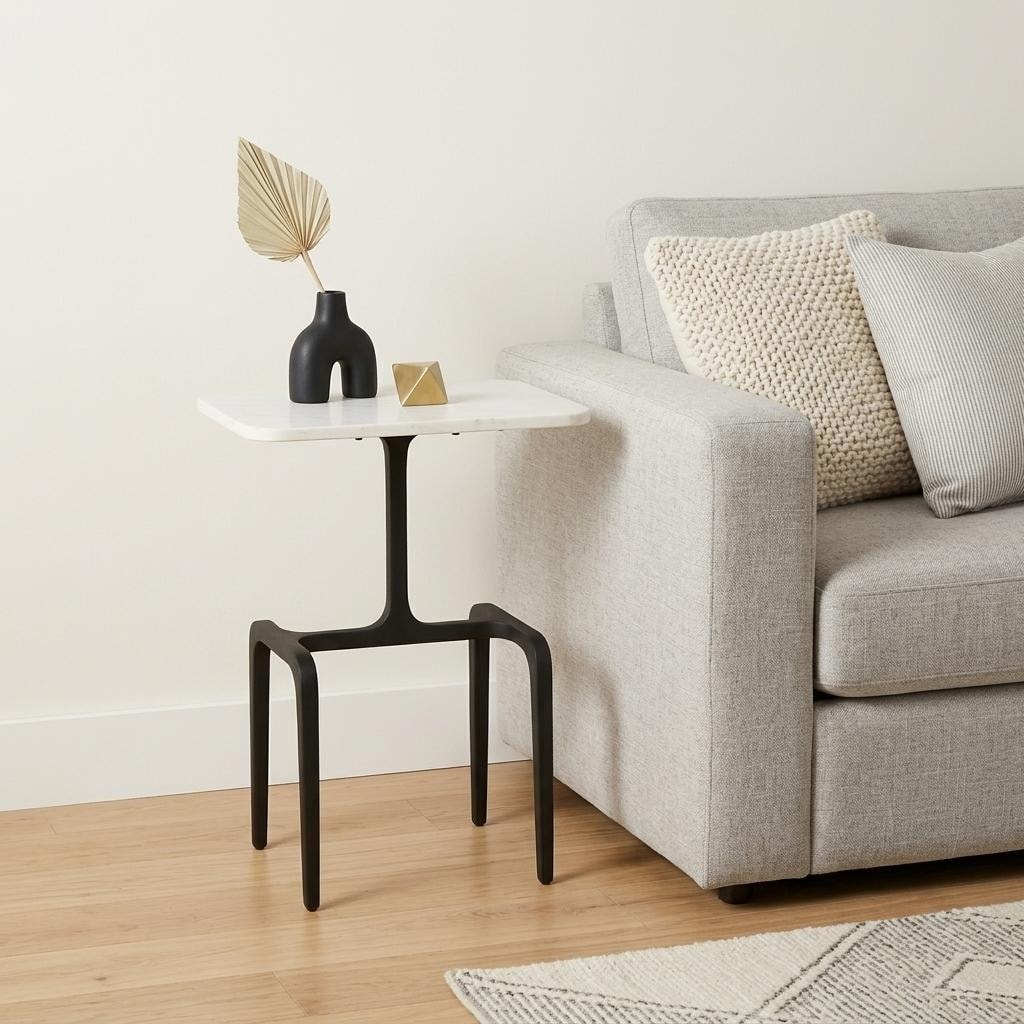 HomeRoots 23" White and Black Marble and Iron End Table - 11.30 in. x 22.80 in. x 17.30 in.