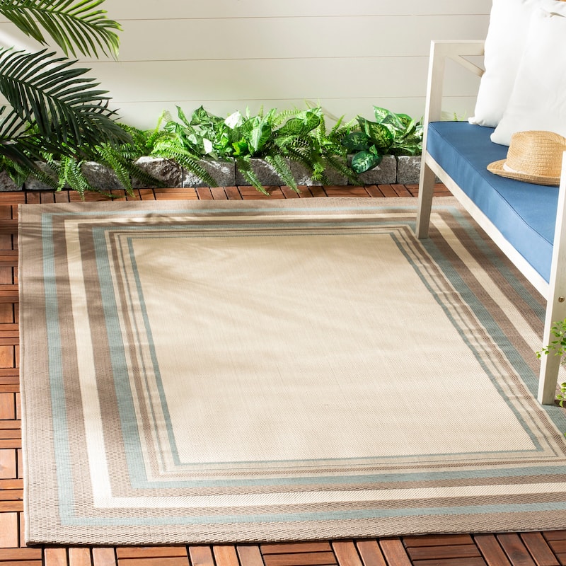 SAFAVIEH Courtyard Billie Indoor/ Outdoor Waterproof Patio Backyard Rug - 4' x 5'7" - Beige/Blue