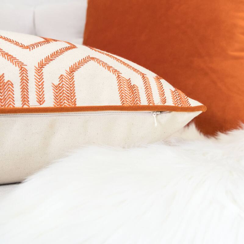 Geometric Embroidered Cotton Throw Pillow - Rust Modern Accent Set of 2