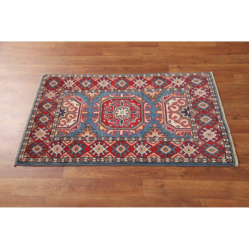 Blue Geometric Kazak Oriental Foyer Rug Handmade Wool Carpet - 2'0"x 3'0"
