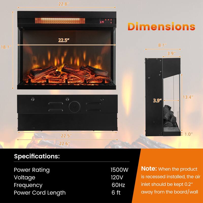 Costway 23'' 3-Sided Electric Fireplace Insert Heater 1500W with - See Details